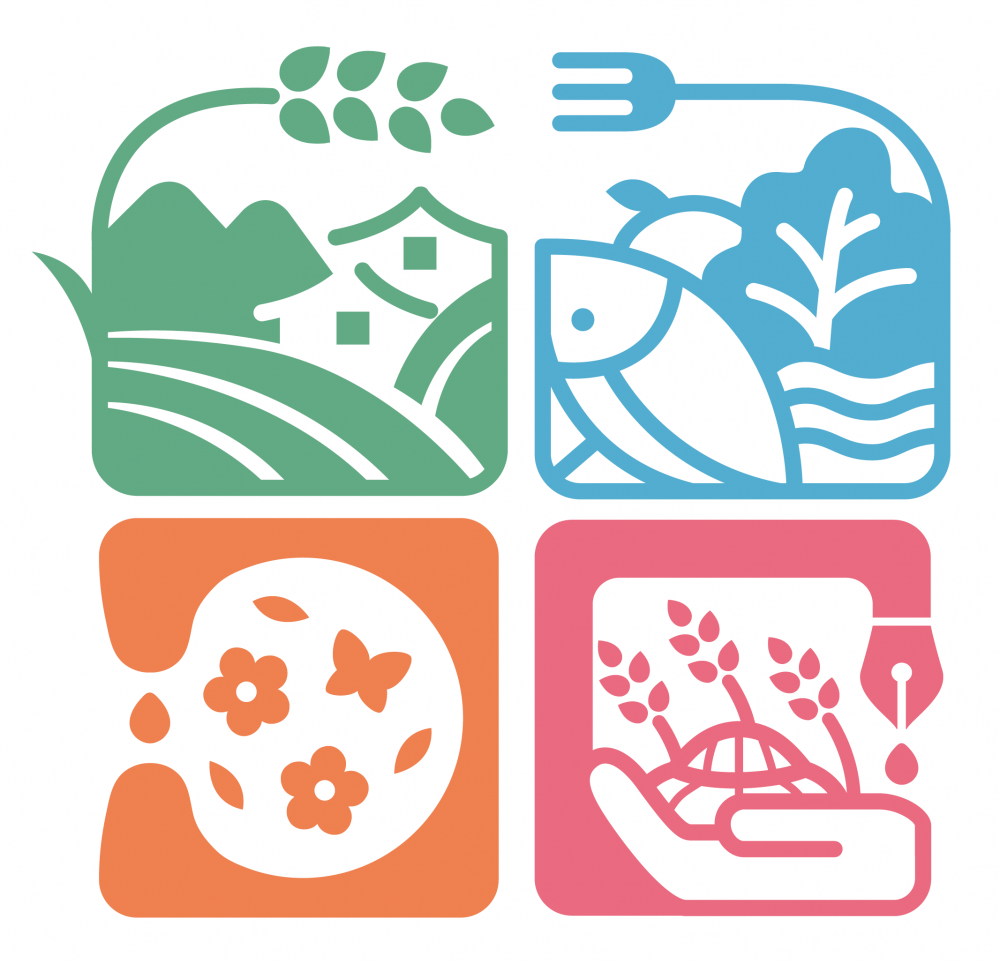 田字變身子計畫符號：綠色代表村落生活文化；藍色代表傳統農食；橘色代表田園資源；粉色代表田間文化再造。